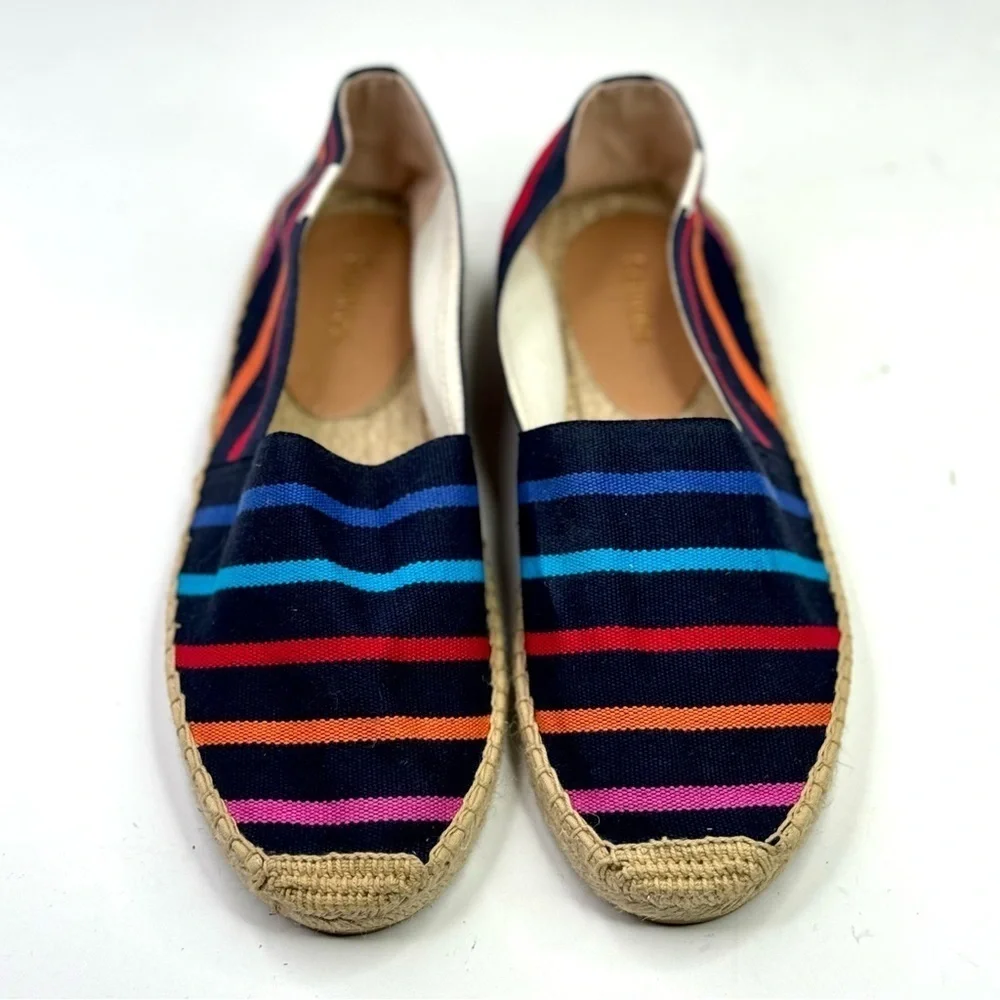 Soludos The Dali rainbow striped espadrilles navy background recycled cotton 9